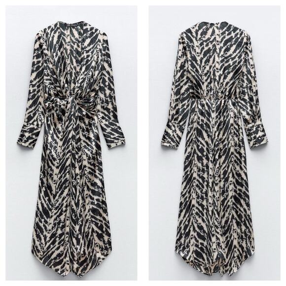 Zara Woman Satin Effect Animal Print Midi Dress Small Long Sleeve 9878/081 - Picture 2 of 13